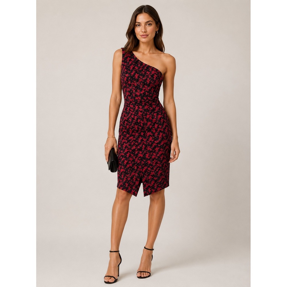 Kensie Dress One Shoulder Asymetrical Red Black Satin Cocktail Party Bodycon